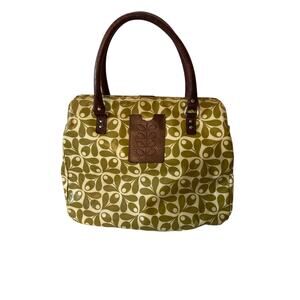 Orla Kiely London Coated Canvas Shoulder Top Handle Bag Green Stem Brown